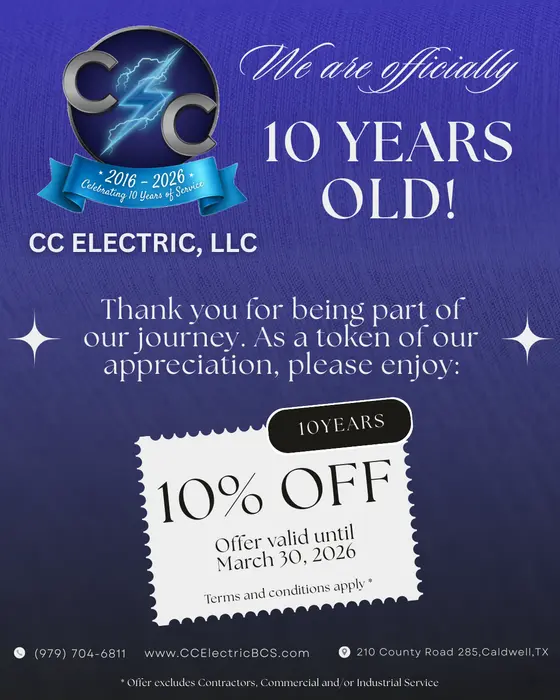 CC Electric 10 years in business — 10% off promotion