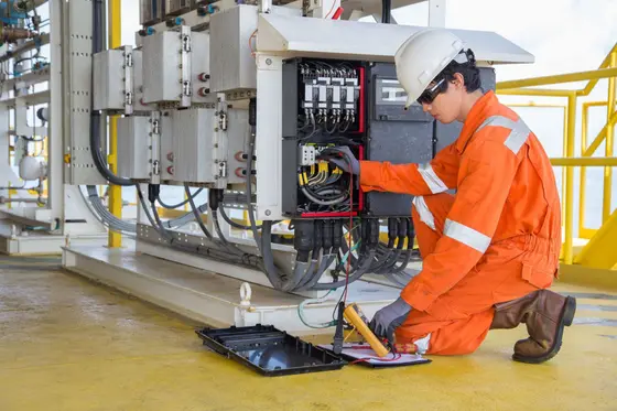 Industrial electrician in orange coveralls and a hard hat working on a facility control panel